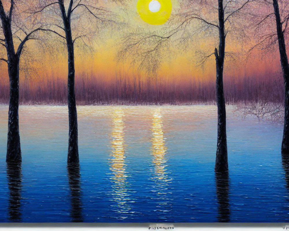 Tranquil landscape painting of trees at sunrise or sunset