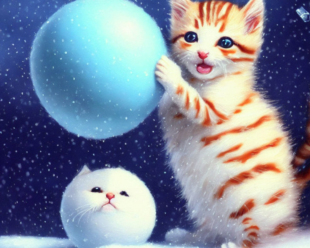 Two kittens in snow with blue sphere and falling snowflakes