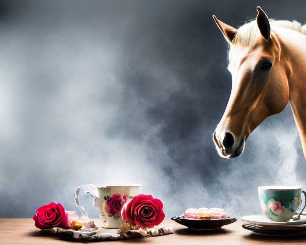 Curious horse with teacups, roses, and macarons on table in misty setting