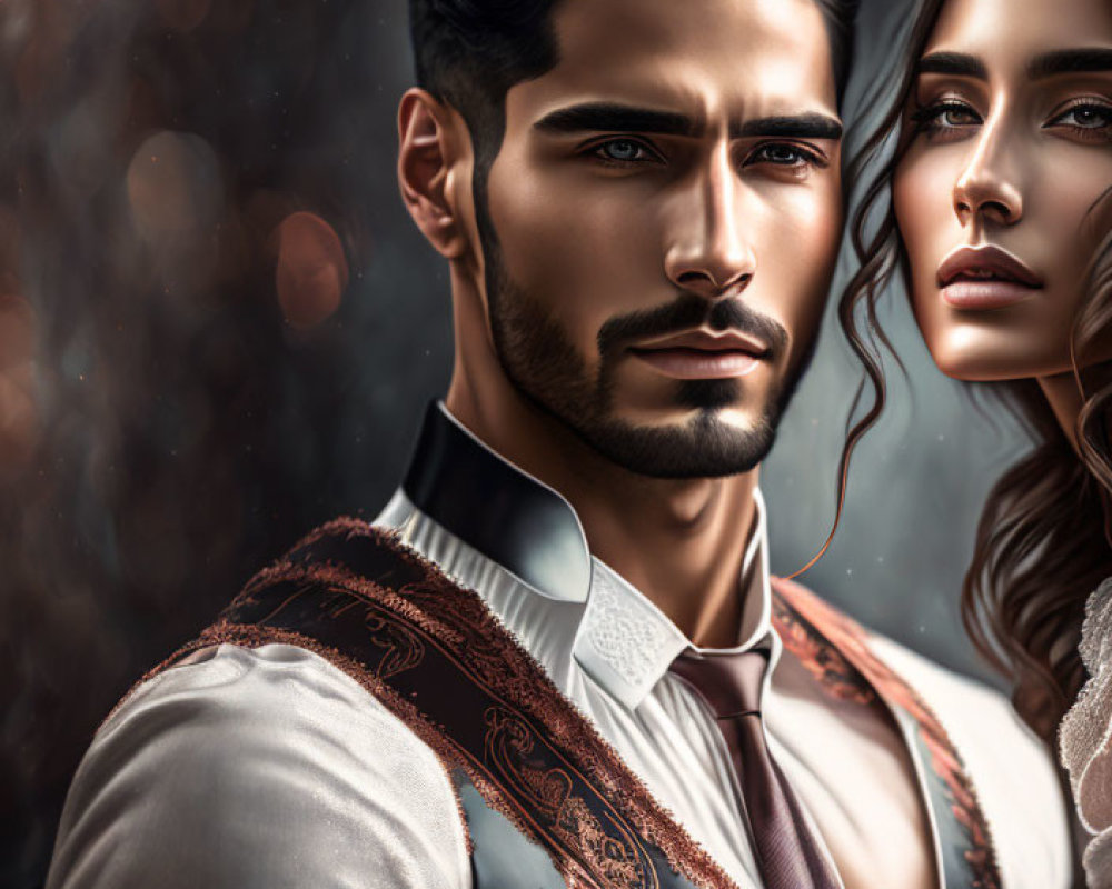 Detailed Illustration of Stylish Man and Woman in Elegant Attire