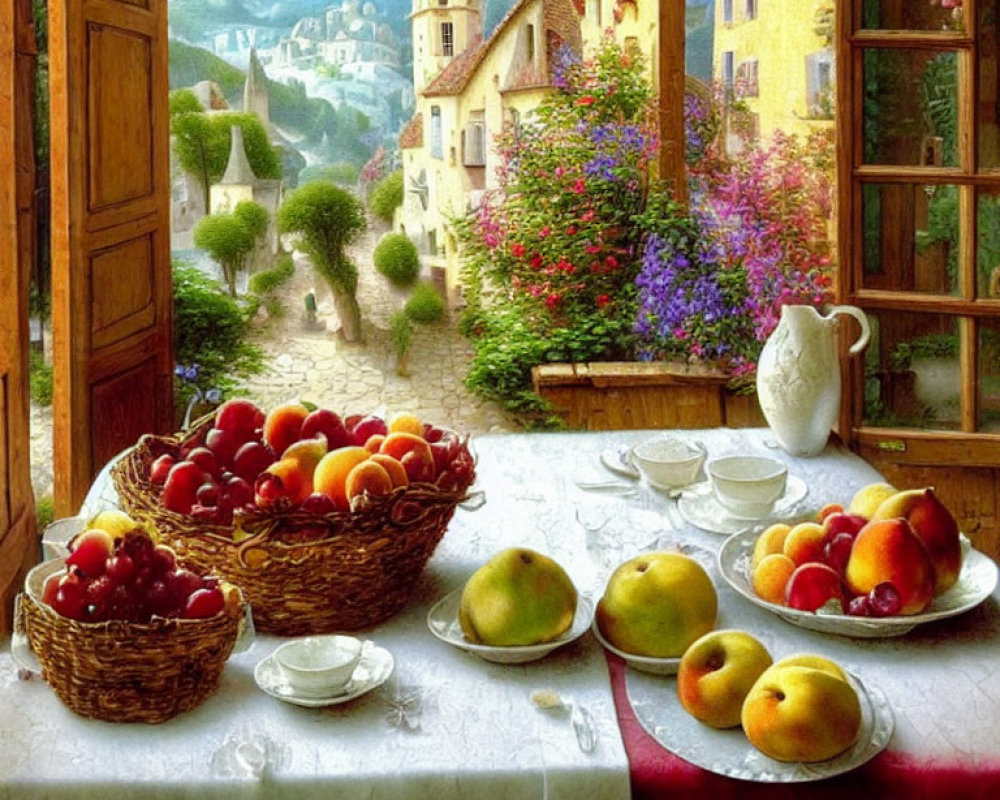 Colorful painting of fruit-filled table by open window