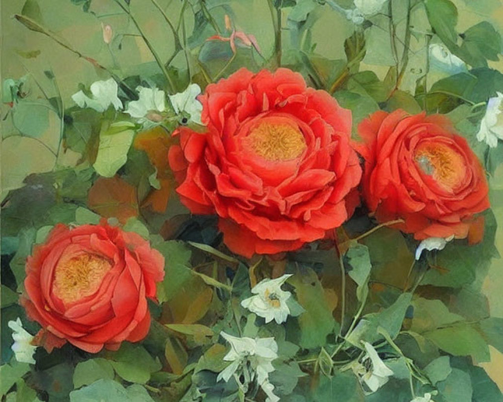 Vibrant Red Roses Surrounded by White Flowers and Green Foliage