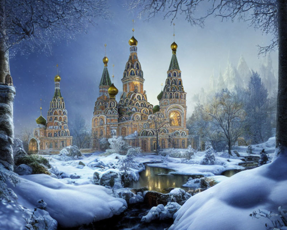 Snow-covered landscape with ornate cathedral and colorful onion domes