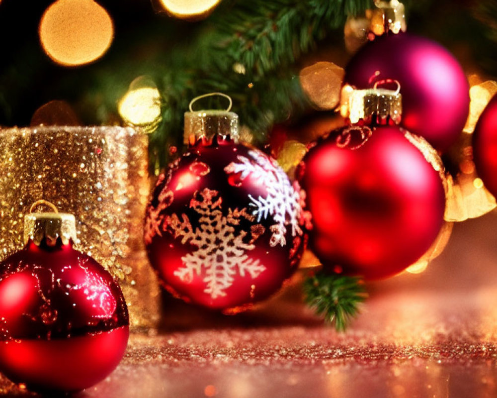 Red Christmas Ornaments with Snowflake Patterns and Bokeh Lights