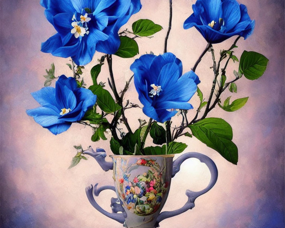 Blue Flowers in Teacup on Purple Background with Green Leaves