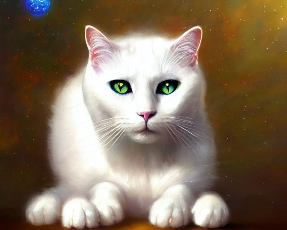 White Cat with Green Eyes Resting on Celestial Background