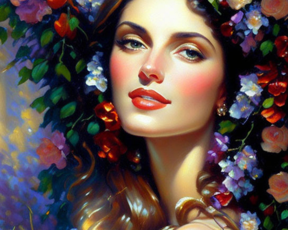 Portrait of Woman with Long Wavy Hair and Vibrant Flowers