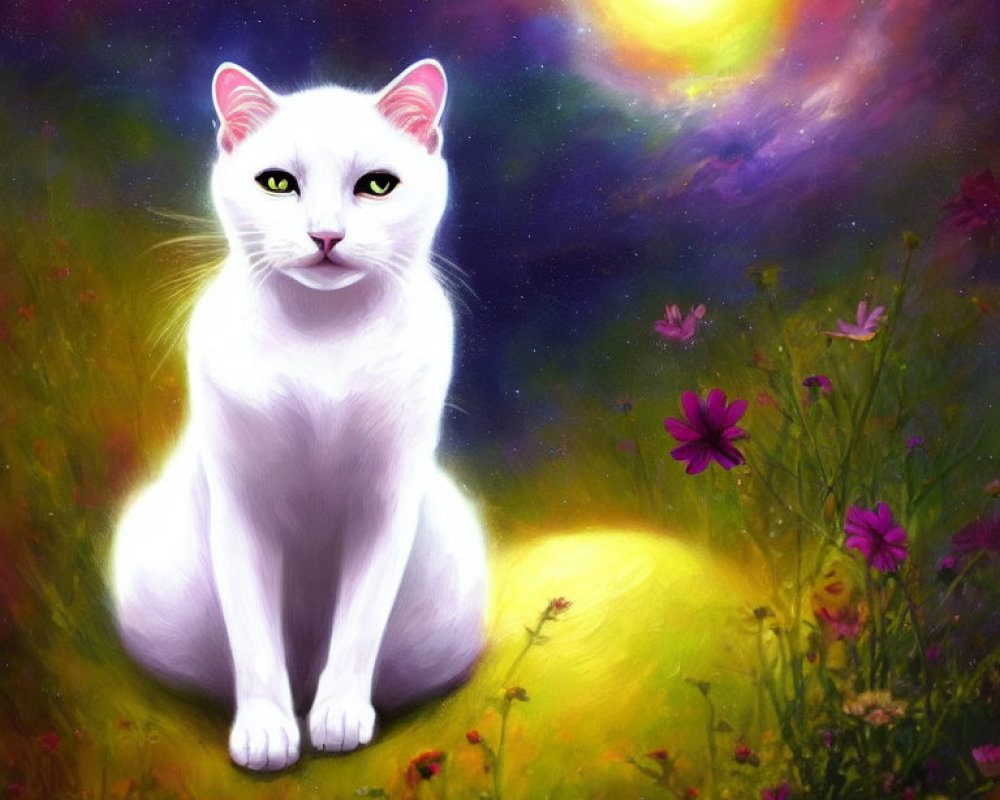 White Cat with Glowing Eyes in Vibrant Meadow under Colorful Sky