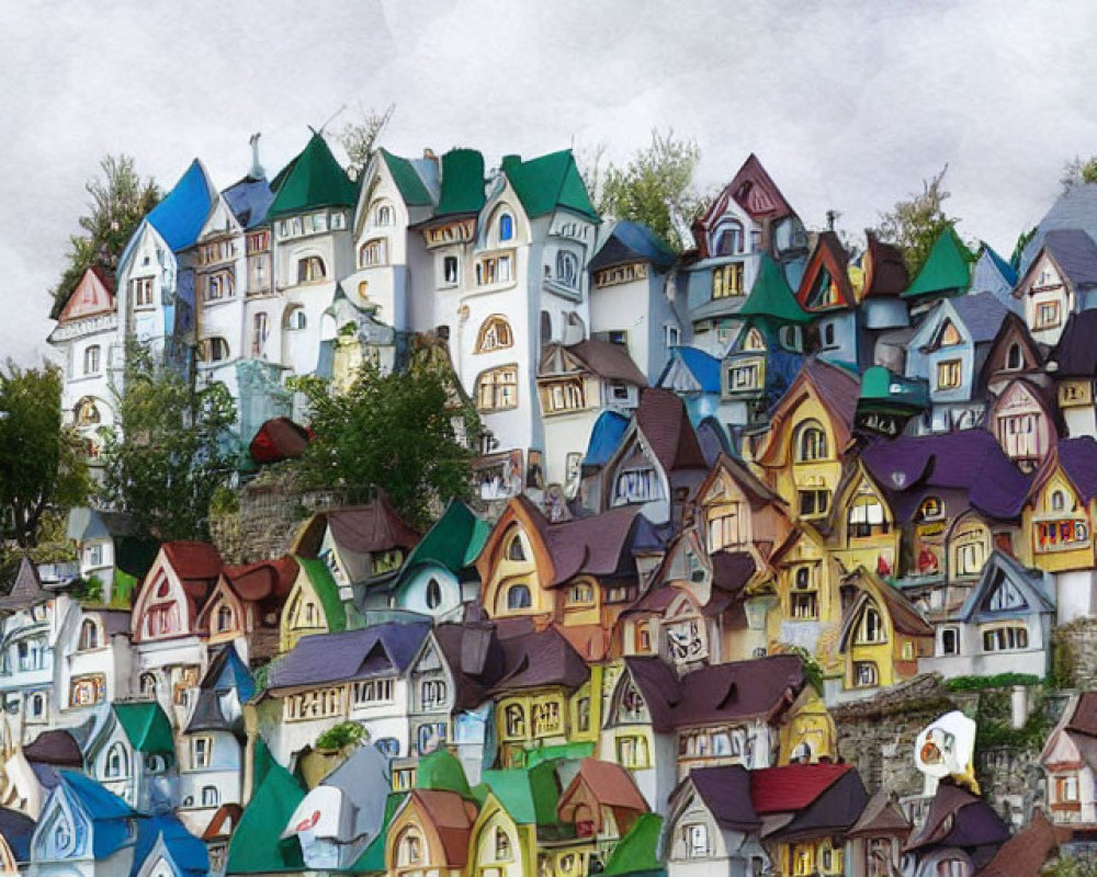 Colorful Rooftop Collage of Hilltop Village Under Cloudy Sky