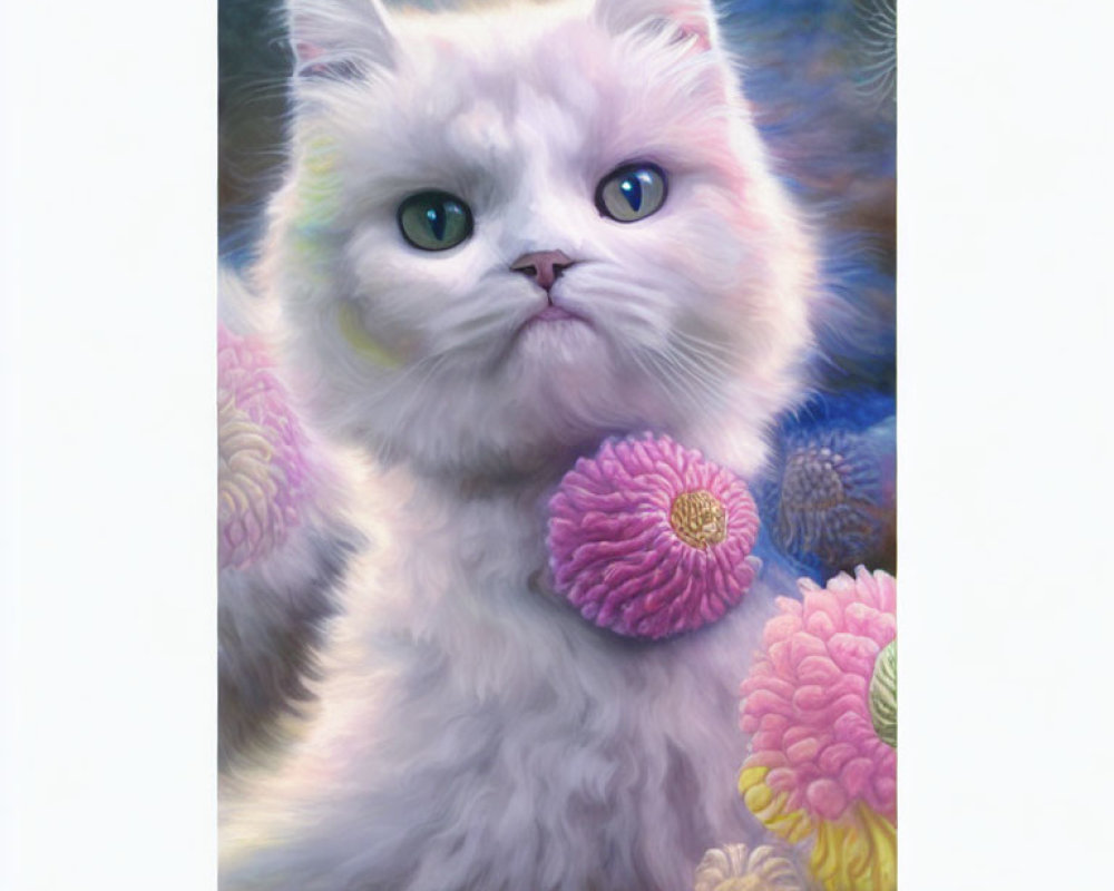 White Cat with Multicolored Eyes Among Pink and Purple Flowers