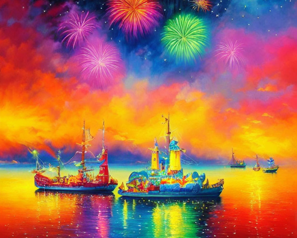 Colorful painting of ships, lighthouse, and fireworks over the sea