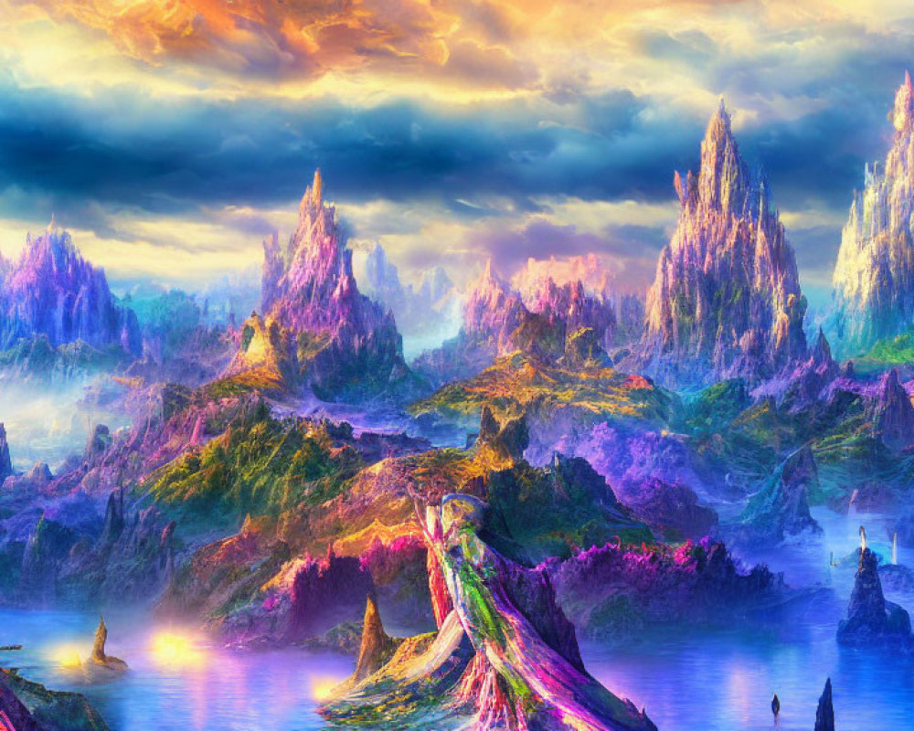 Colorful Fantasy Landscape: Purple Mountains, Green Valley, Reflective Waters