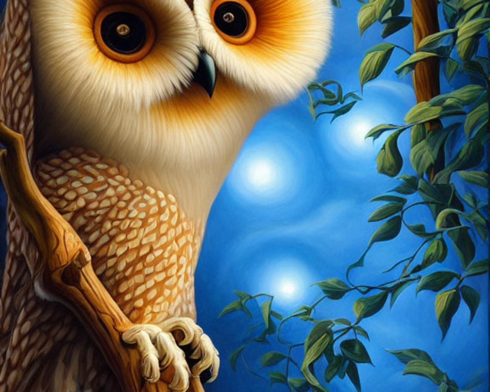 Stylized illustration of cute owl on branch with expressive eyes