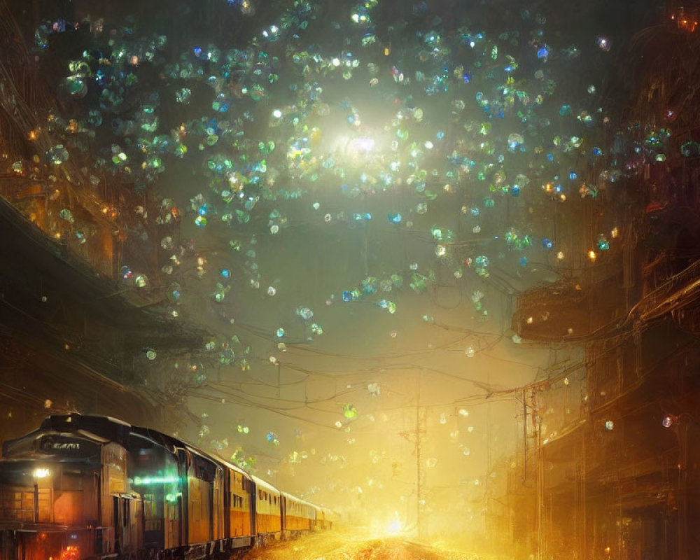 Dystopian city train scene with glowing jellyfish-like creatures