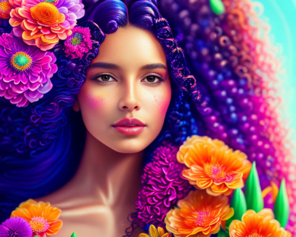 Colorful flower-adorned woman portrait on blue gradient background