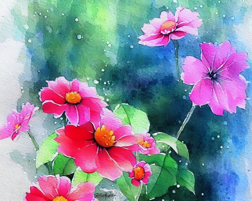 Colorful watercolor painting of pink and red flowers on textured blue background