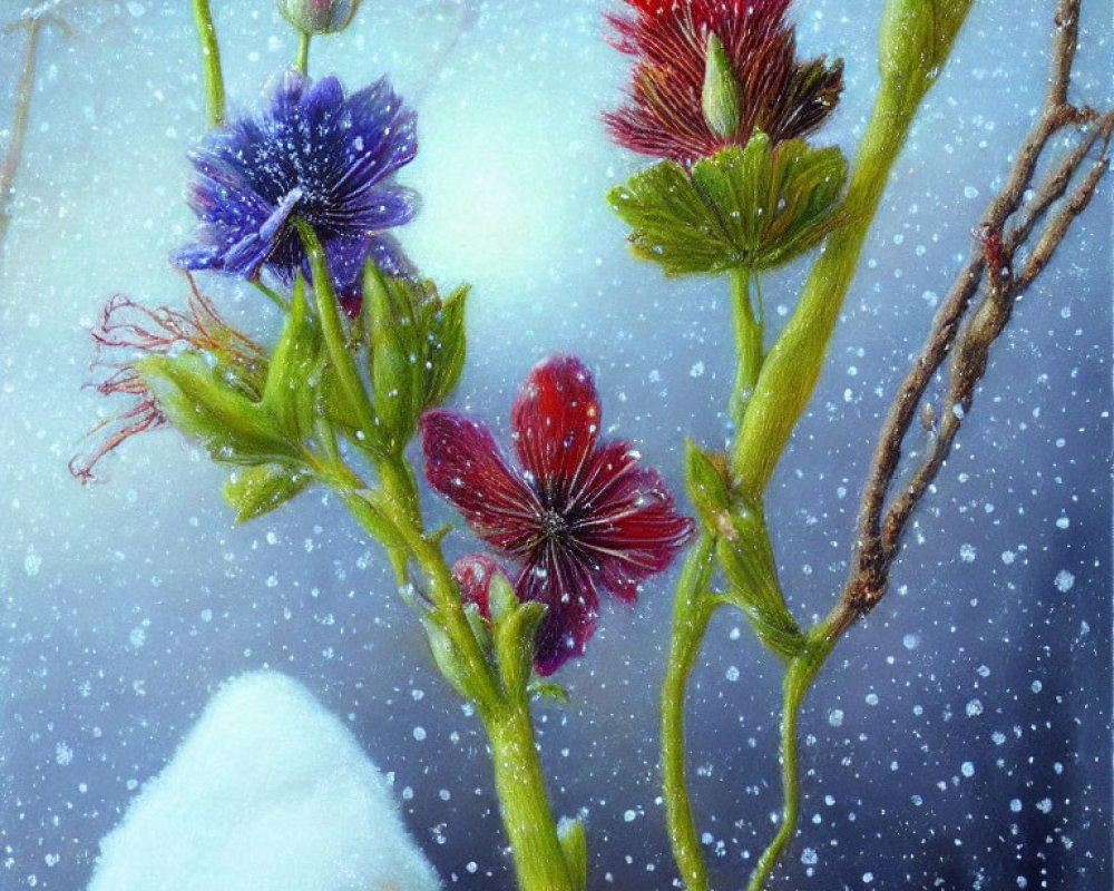 Vibrant flowers and plants with frost and snowflakes on blue backdrop