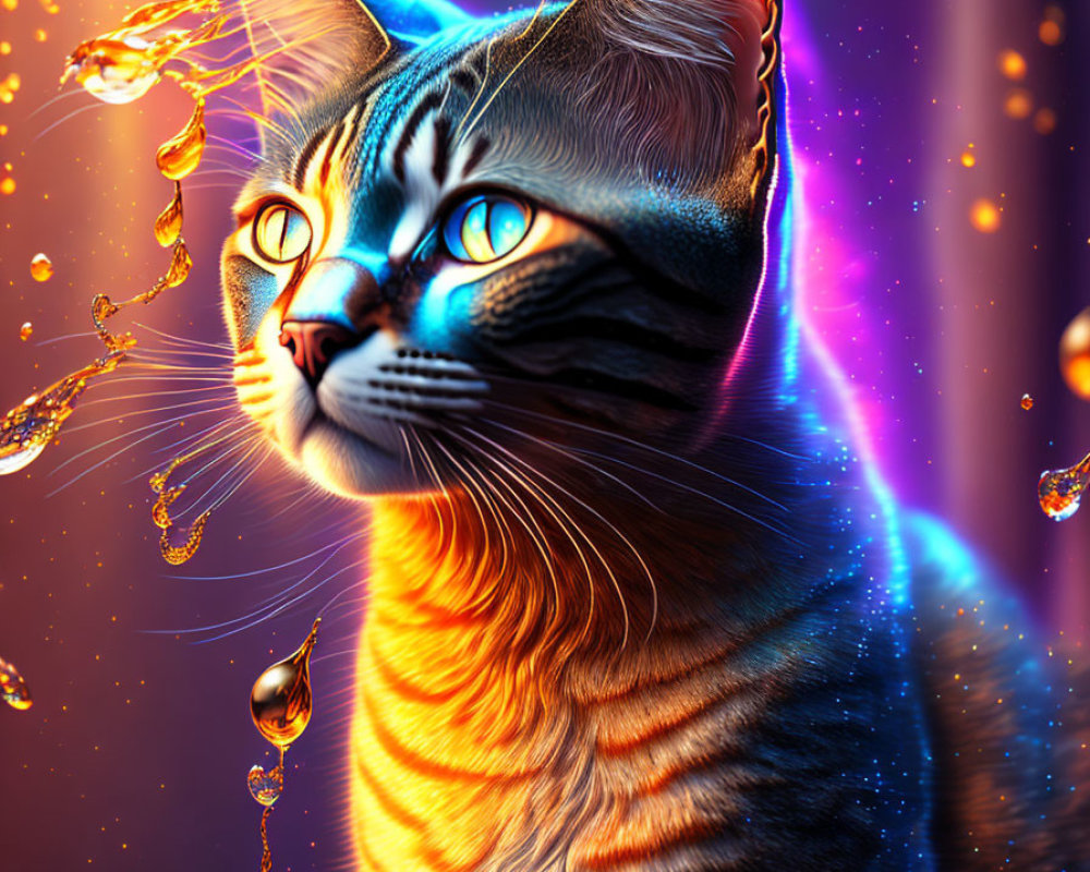 Vibrant digital artwork of a cat with blue eyes and orange stripes