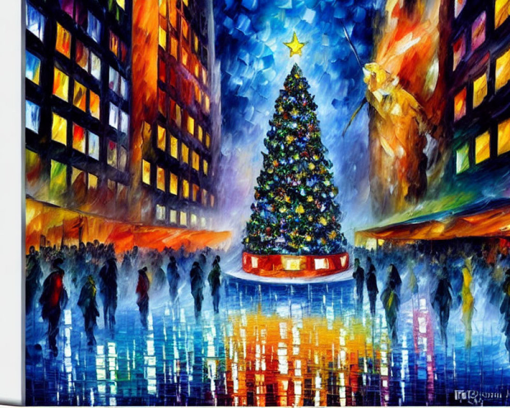 Vibrant Christmas Tree Painting in City Square at Night