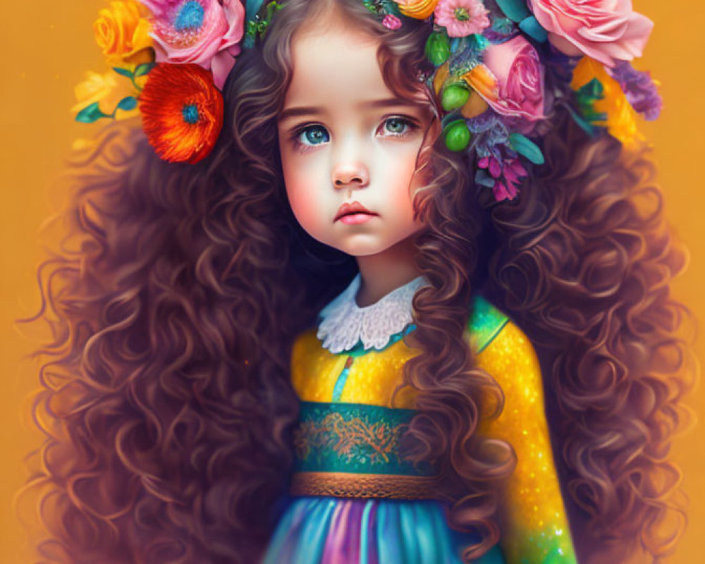 Digital artwork: Young girl with curly brown hair, flowers, colorful dress, soulful gaze, and