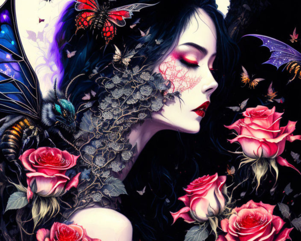 Fantasy style illustration of woman with butterfly wings among roses