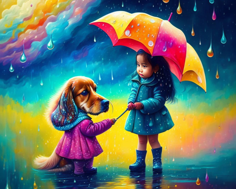 Young girl with colorful umbrella and dog under rainbow-tinted rain