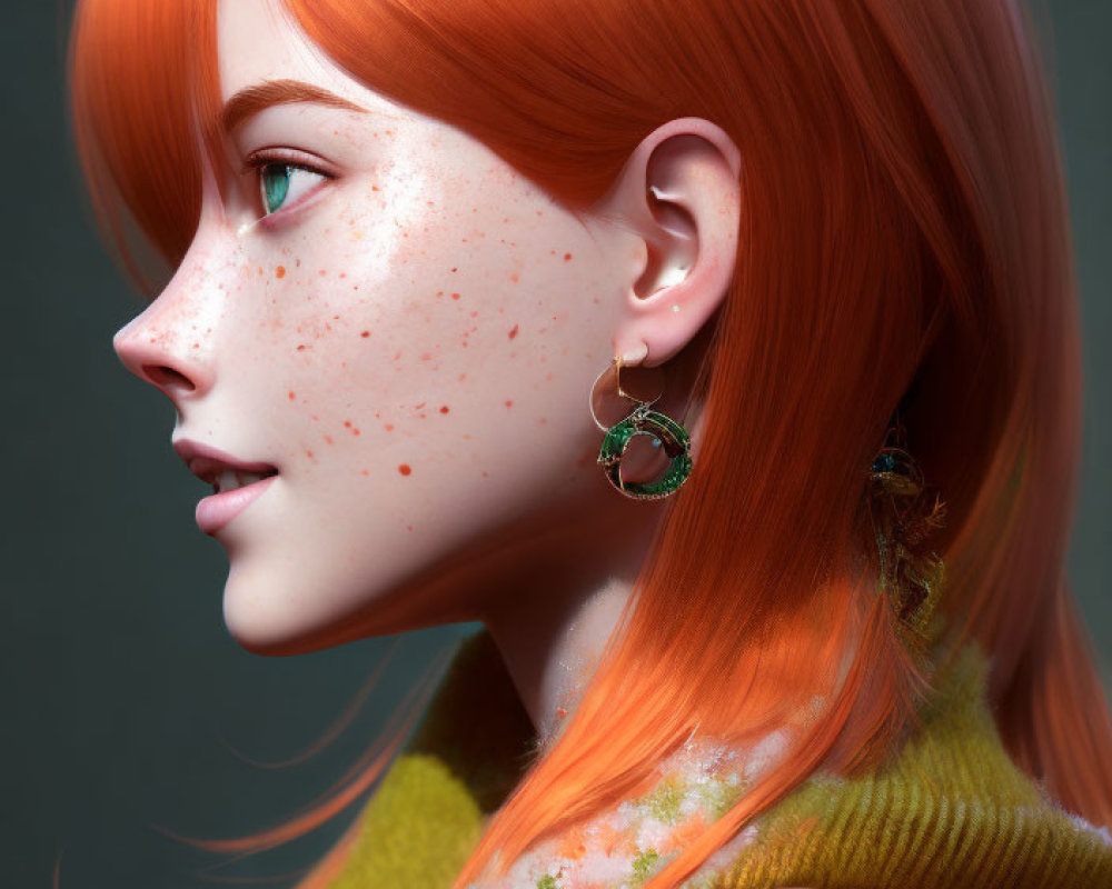 Vibrant digital portrait of woman with orange hair and freckles