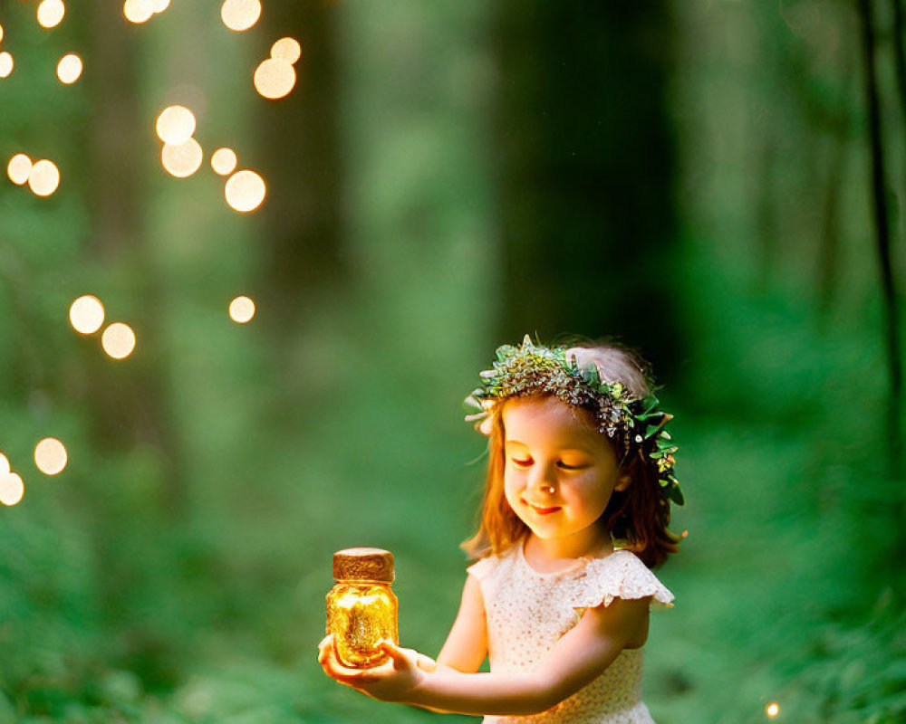 Young girl wearing floral crown holding glowing jar in forest with bokeh lights