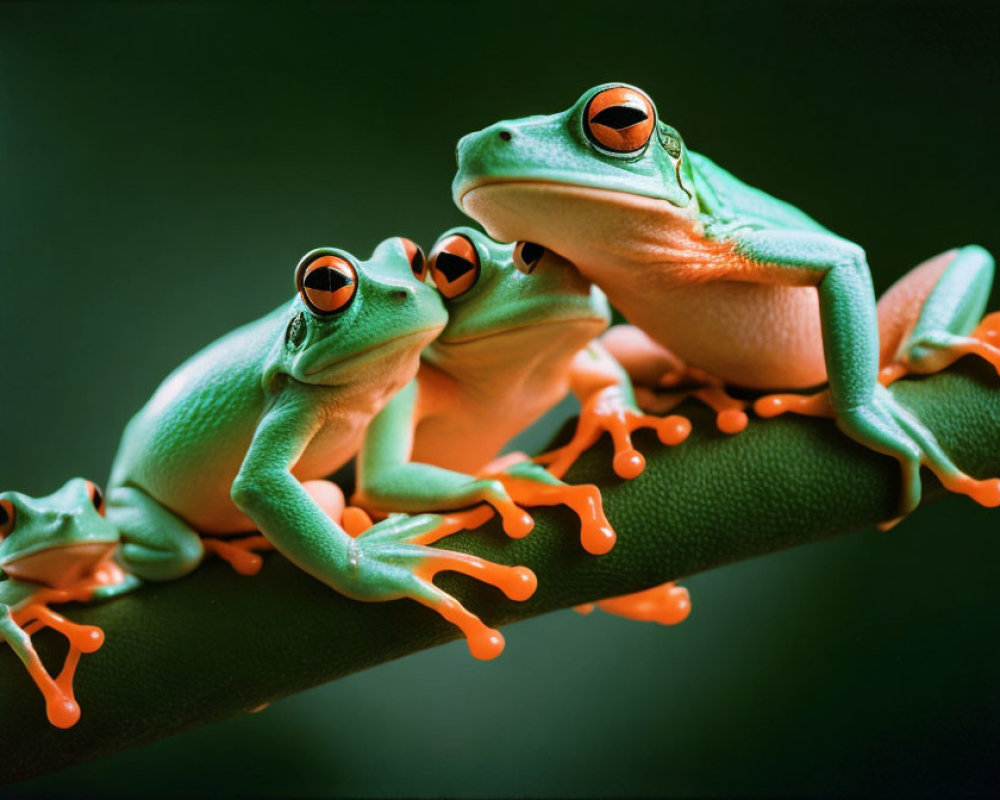 Three Vibrant Green Tree Frogs with Orange Feet and Red Eyes on Branch