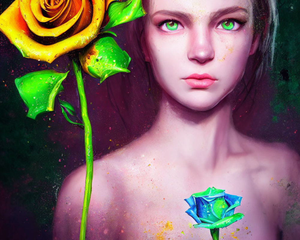 Digital Art: Person with Green Eyes and Colorful Painted Roses on Dark Background