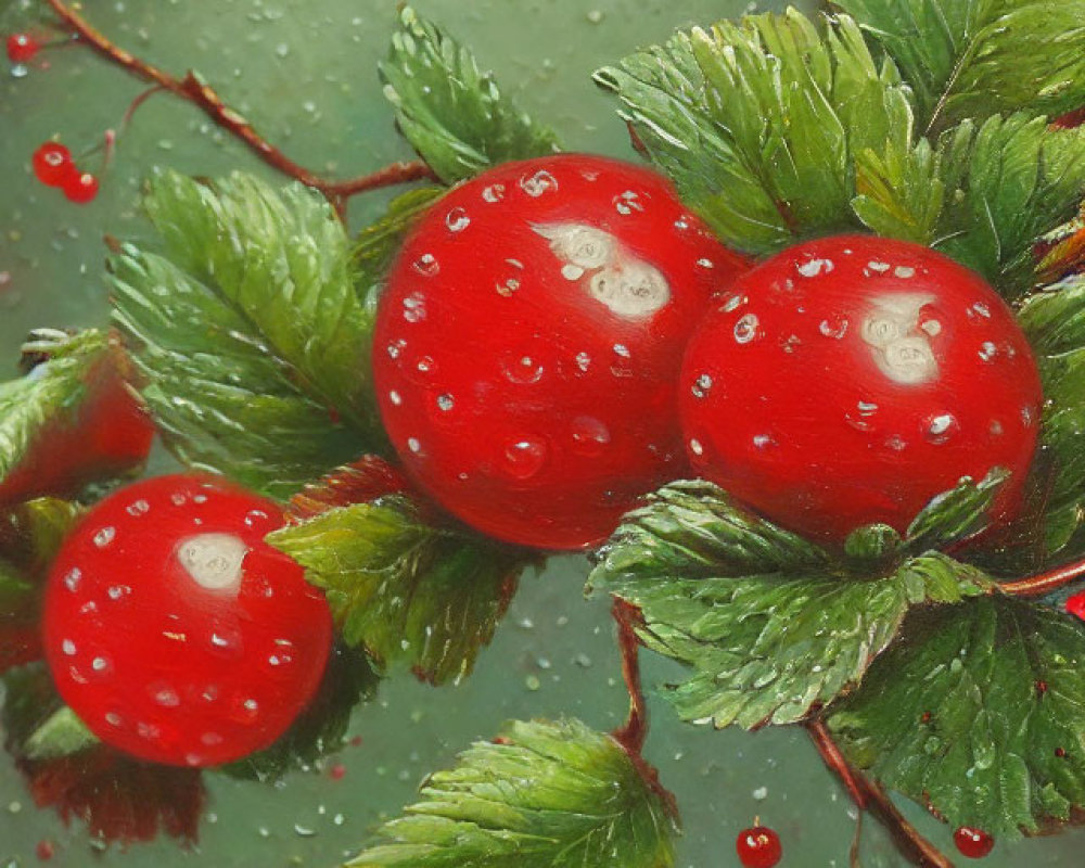 Vibrant red rosehips with water droplets on misty green backdrop