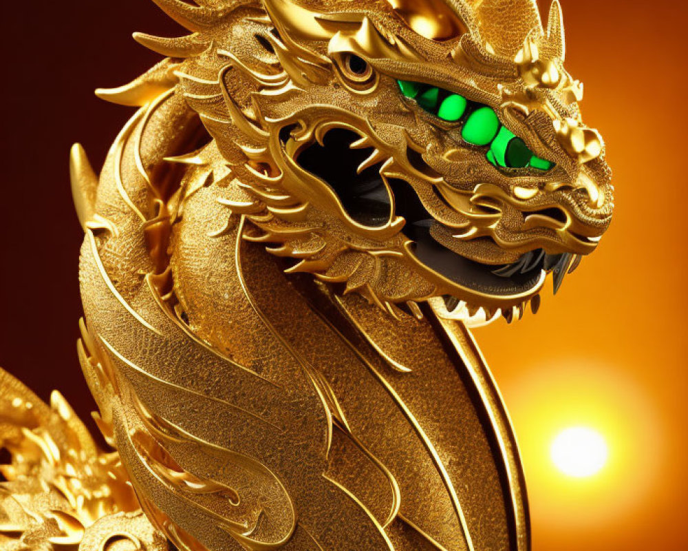 Intricate golden dragon sculpture with green eyes on warm background