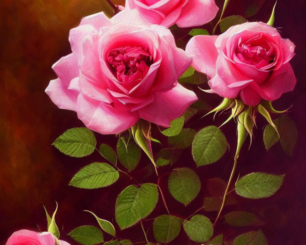 Pink Roses Cluster with Green Leaves on Soft-focus Background