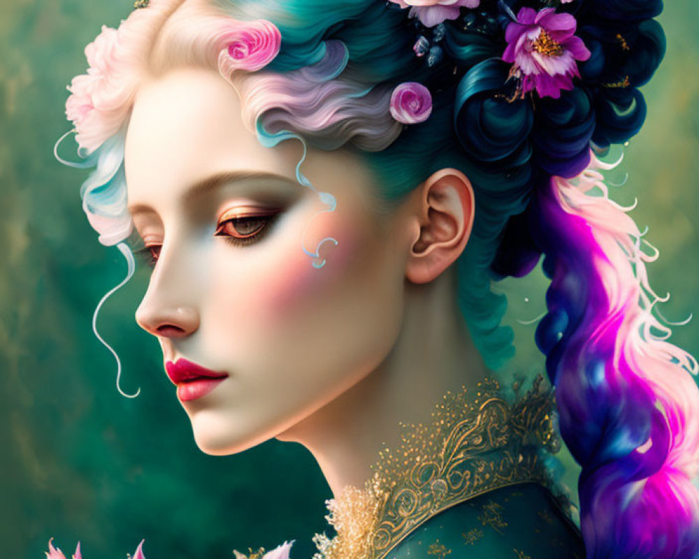 Pastel-Colored Hair Woman Artwork with Floral Details