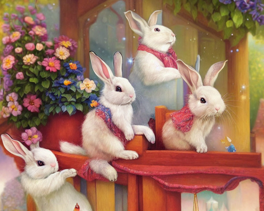 Anthropomorphic rabbits in scarves at wooden fence with vibrant flowers