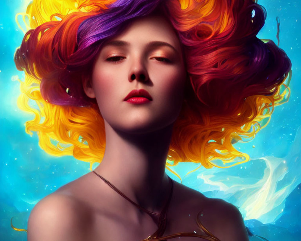 Vibrant Multicolored Hair on Woman Against Vivid Blue Background