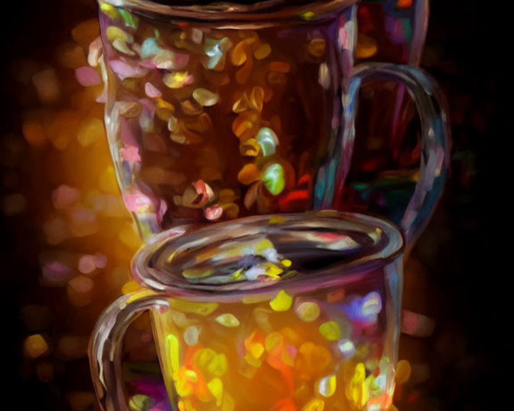 Colorful glowing liquid in transparent mugs on dark background with bokeh lights