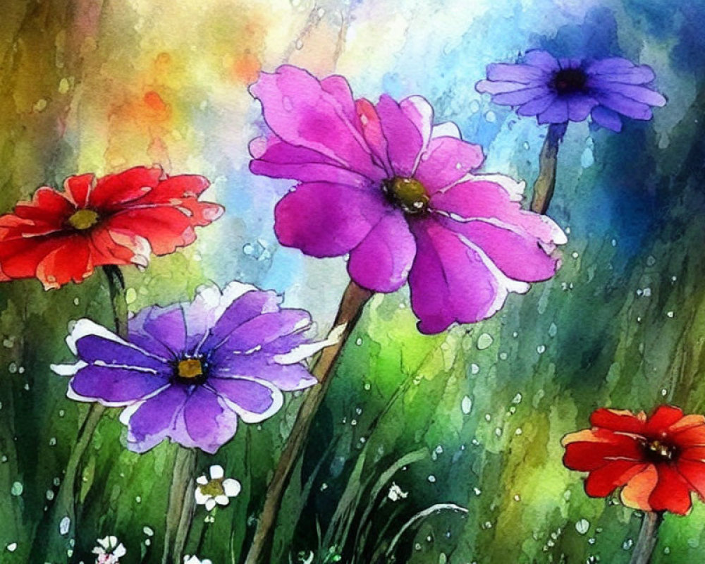 Colorful Watercolor Painting of Vibrant Flowers on Green Background