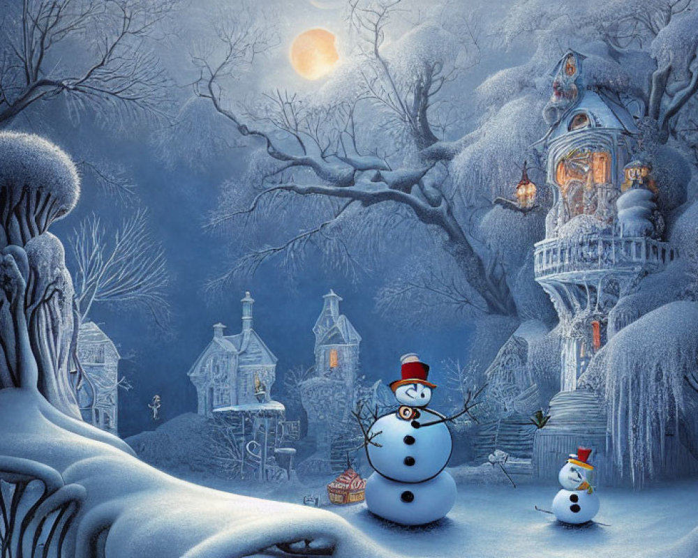 Snowy Night Scene: Snowmen, Village, Full Moon