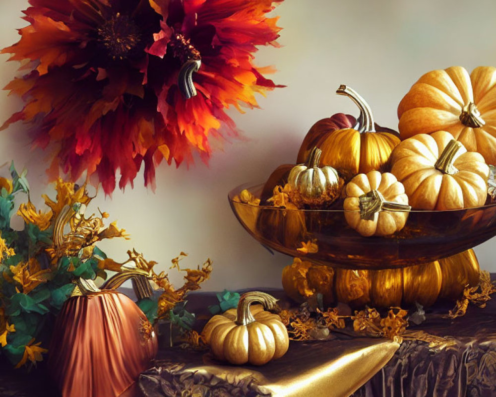 Vibrant autumnal display with pumpkins, fall flowers, and foliage