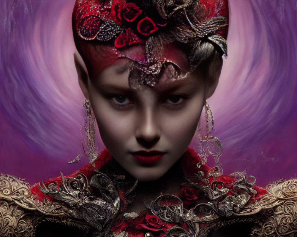 Opulent red and gold headpiece with intricate jewelry in mystical purple backdrop