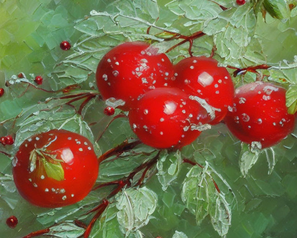 Ripe red tomatoes on vine with dew drops against green background