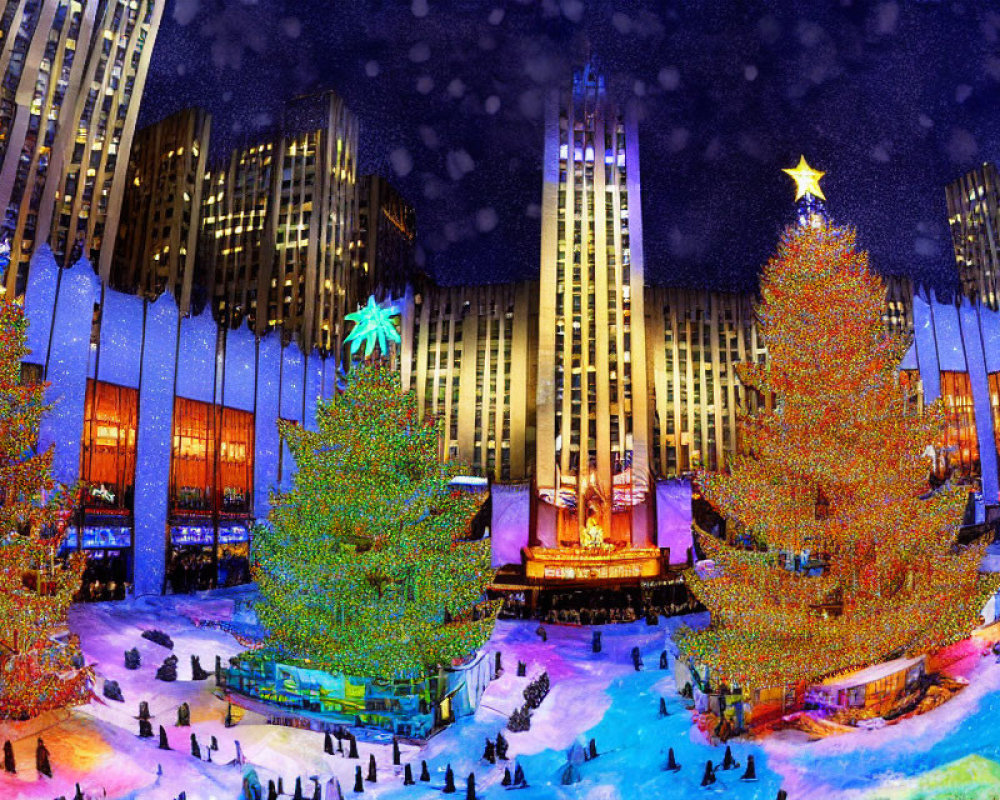 Bustling outdoor ice rink at night with Christmas trees and star-topped building