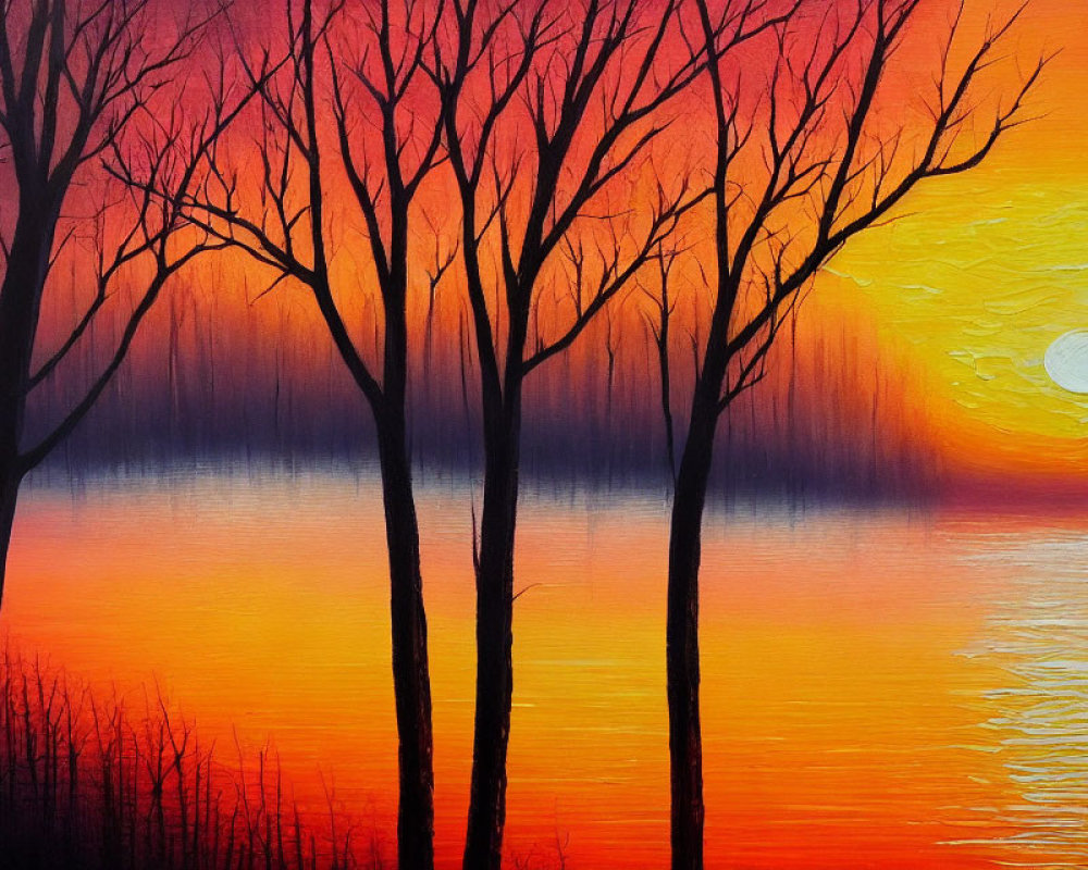 Colorful sunset painting with tree silhouettes reflected on water