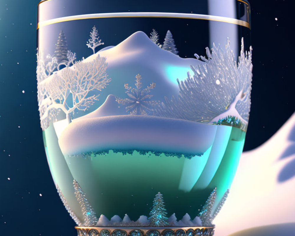 Glass Winter Landscape Scene with Snowy Hills and Trees