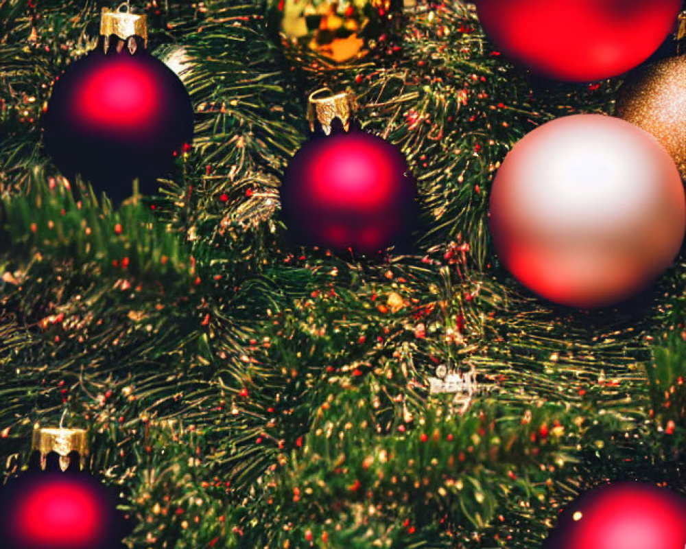 Close-up of Shiny Red and Gold Christmas Tree Ornaments on Green Fir Branches