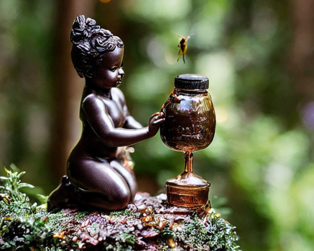 Girl figurine with bee on hand in forest scene with jar on mossy surface