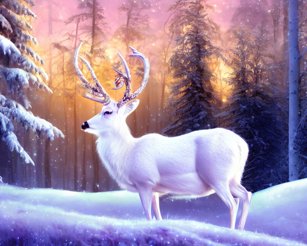 White stag in snowy forest with pink and blue light and falling snowflakes