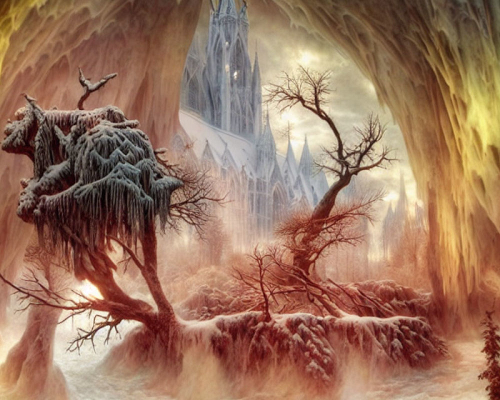 Wintry forest, frozen waterfall, and Gothic cathedral in golden-hued fantasy landscape