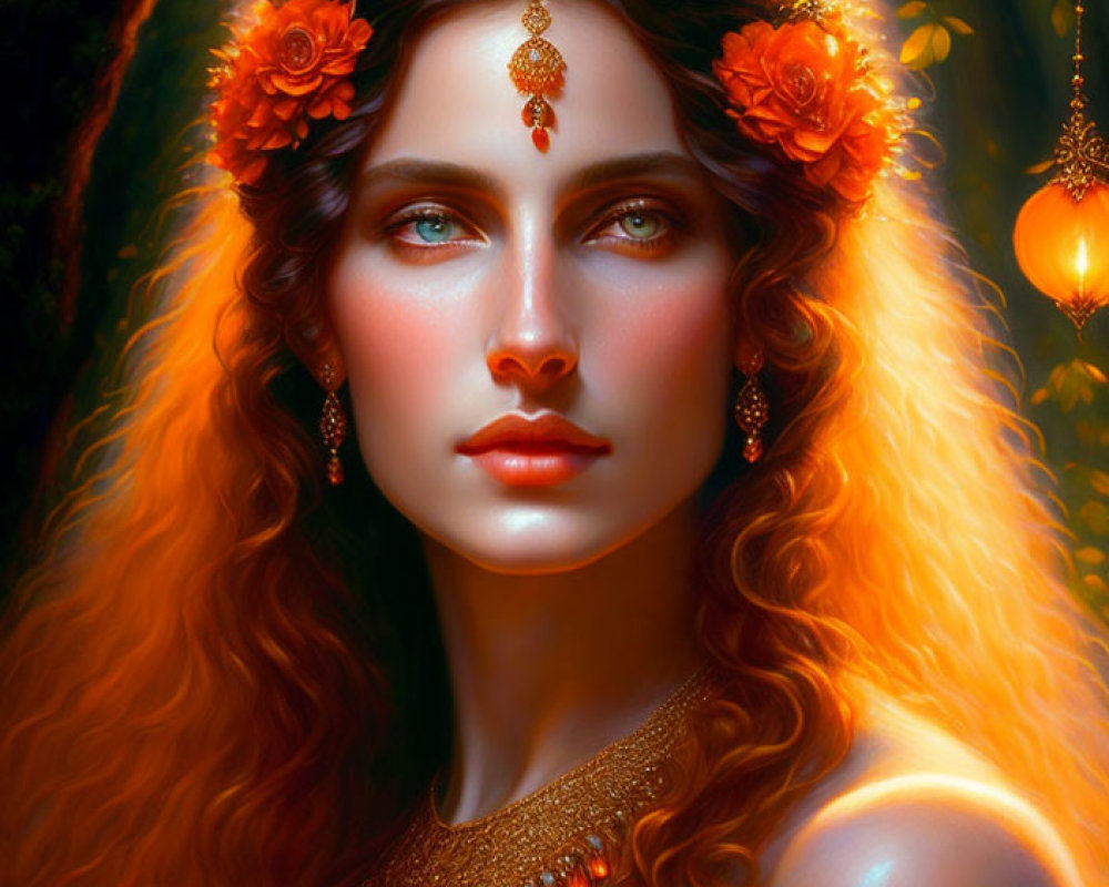 Portrait of woman with red hair, orange flowers, gold jewelry, under warm lights in lush setting